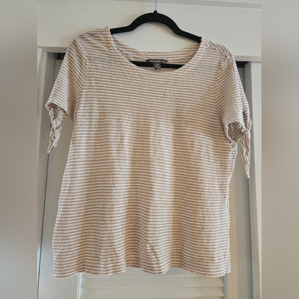 Tommy Bahama Women's short sleeve top, tan and white stripes, linen.